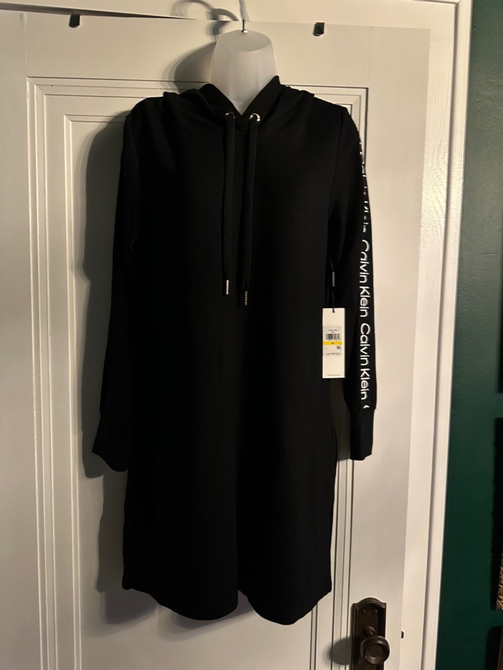 Calvin Klein Black Hooded Sweatshirt Dress with Logo Sleeve